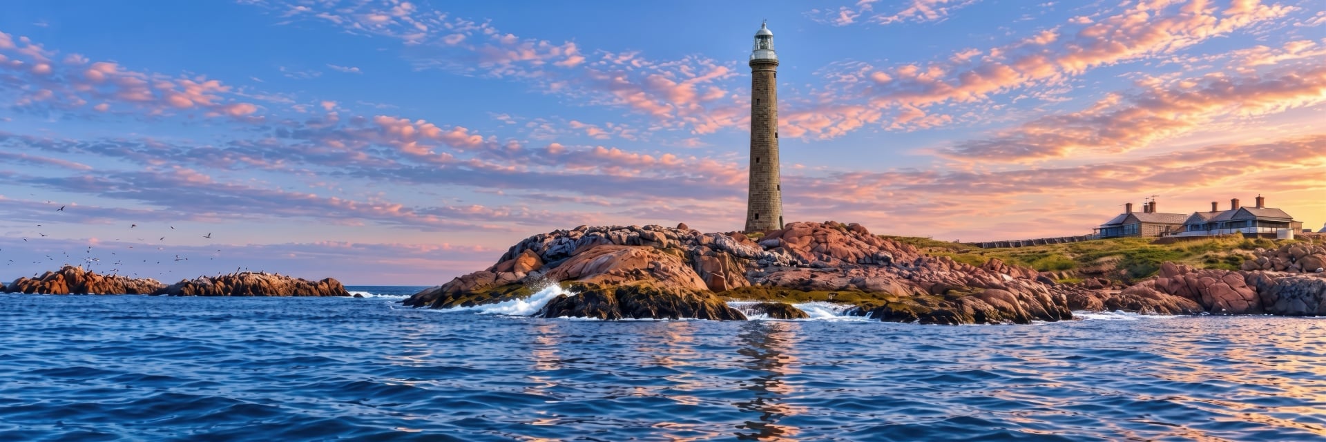 Panorama of Gabo Island Lighthouse from the water at sunset, with pink granite, keepers’ cottages and evening colour in the sky.