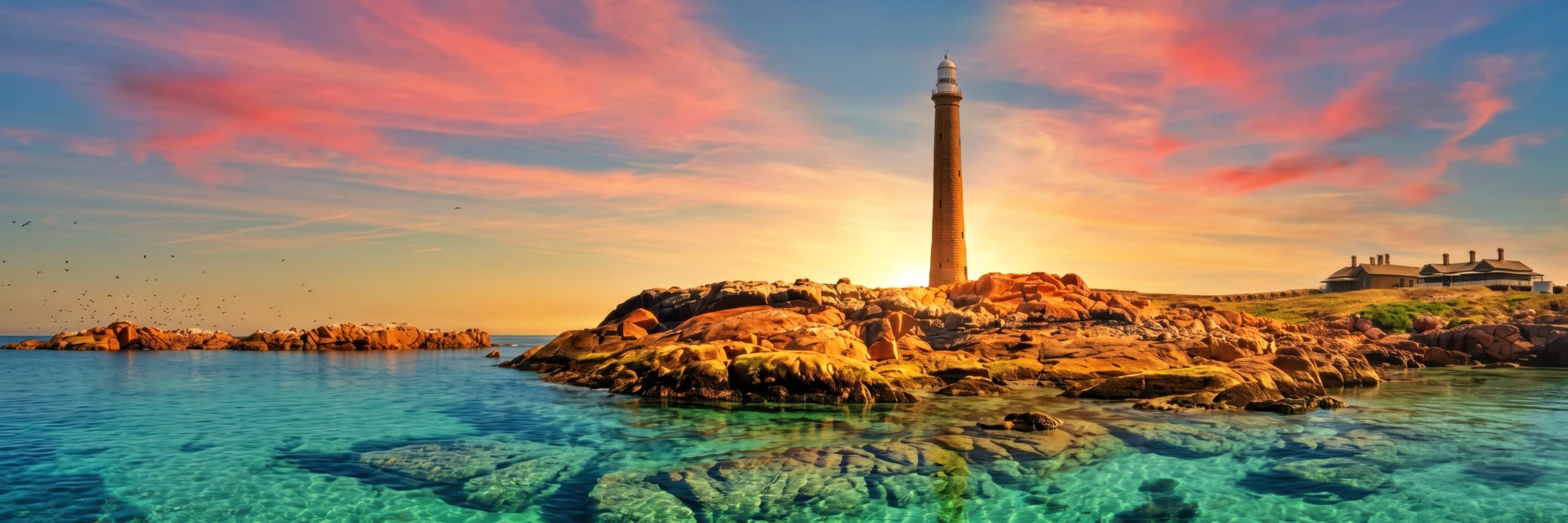 AI reimagining of Gabo Island Lighthouse from the water at sunrise, looking west, with pink sky, granite rock and clear turquoise water.