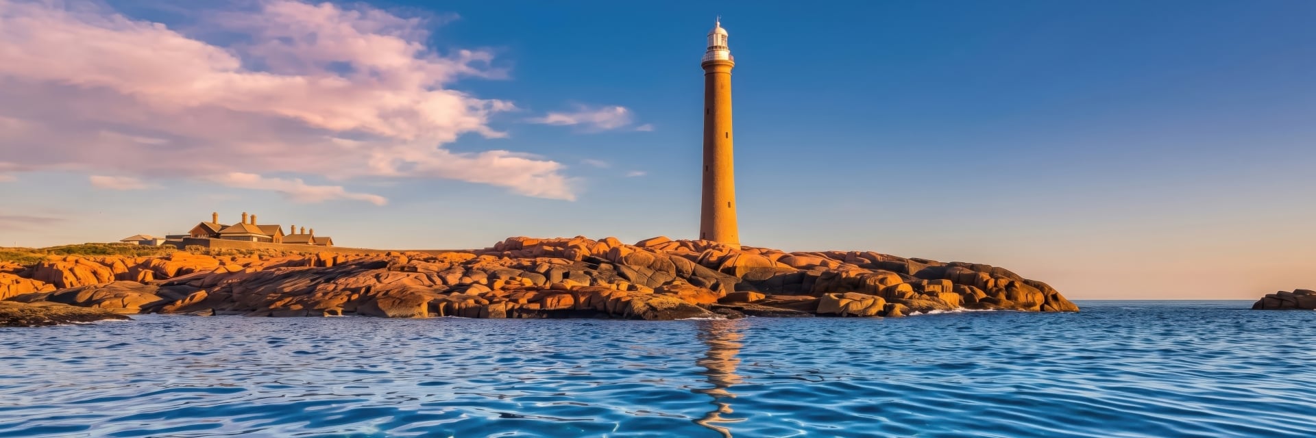 AI reimagining of Gabo Island Lighthouse from the water at winter sunset, looking east, with calm clear water and warm light on pink granite.