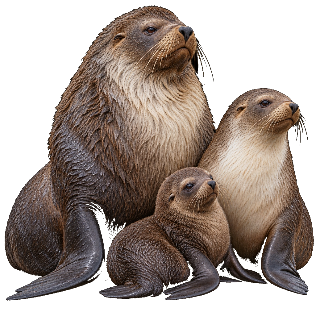 Scientific illustration of an Australian Fur Seal family: massive bull with blonde mane, female, and pup (Arctocephalus pusillus doriferus)