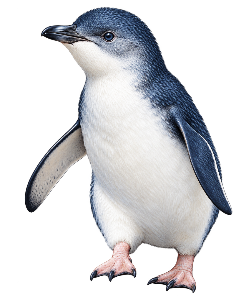 Scientific illustration of a Little Penguin (Eudyptula minor) showing its distinctive slate-blue plumage, white chest, and pinkish webbed feet