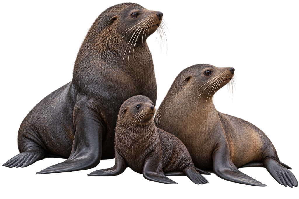Scientific illustration of a Long-nosed (New Zealand) Fur Seal family: bull, female, and pup (Arctocephalus forsteri)