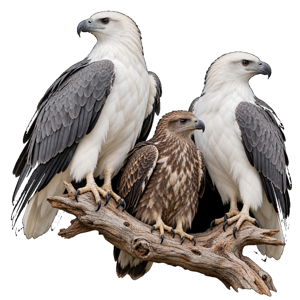 White-bellied Sea-Eagle adults perched alongside a mottled brown juvenile on a weathered branch