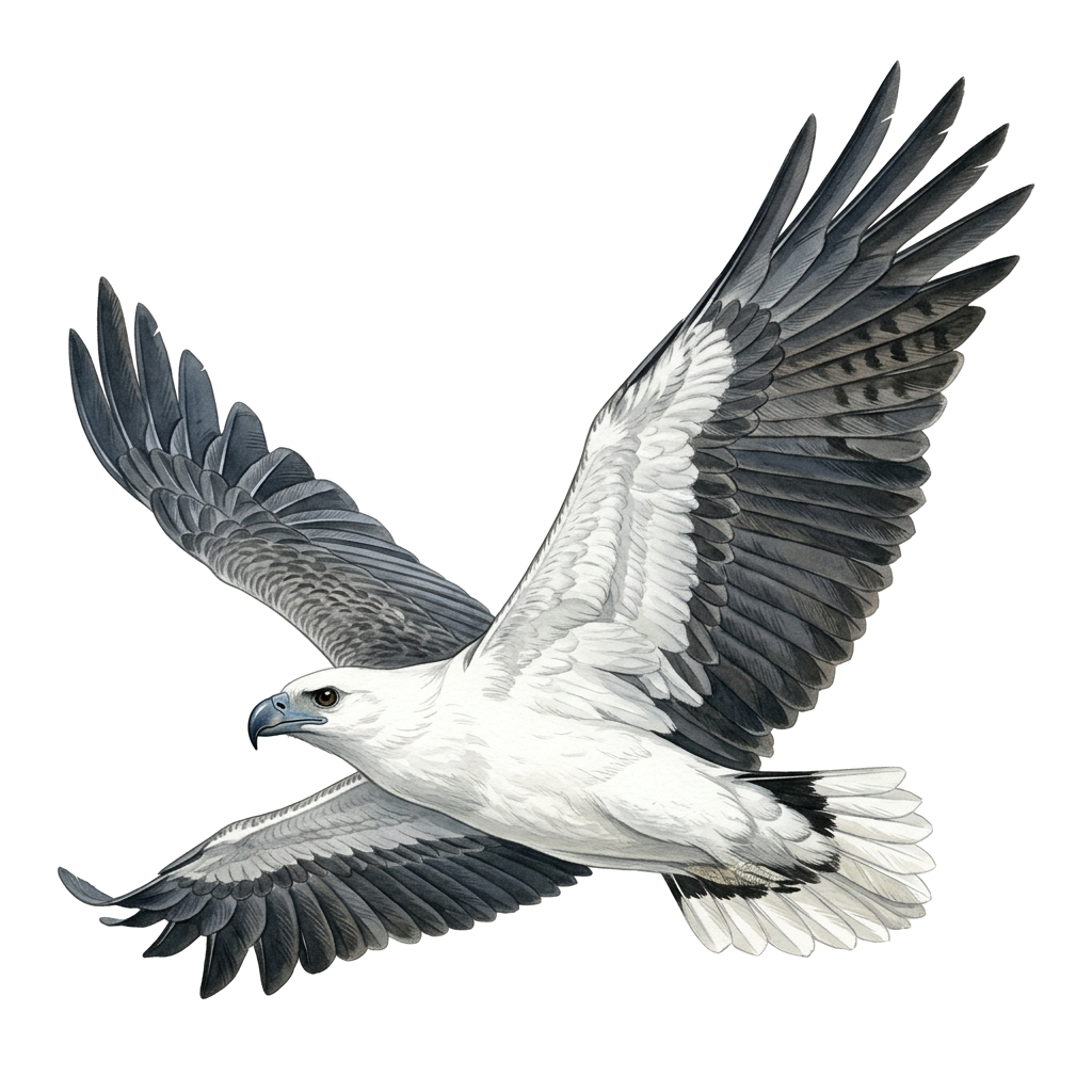 Scientific illustration of an adult White-bellied Sea-Eagle soaring with wings partly spread (Haliaeetus leucogaster)
