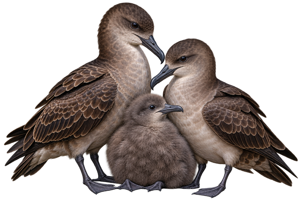 Scientific illustration of a Short-tailed Shearwater pair and their downy chick (Ardenna tenuirostris)