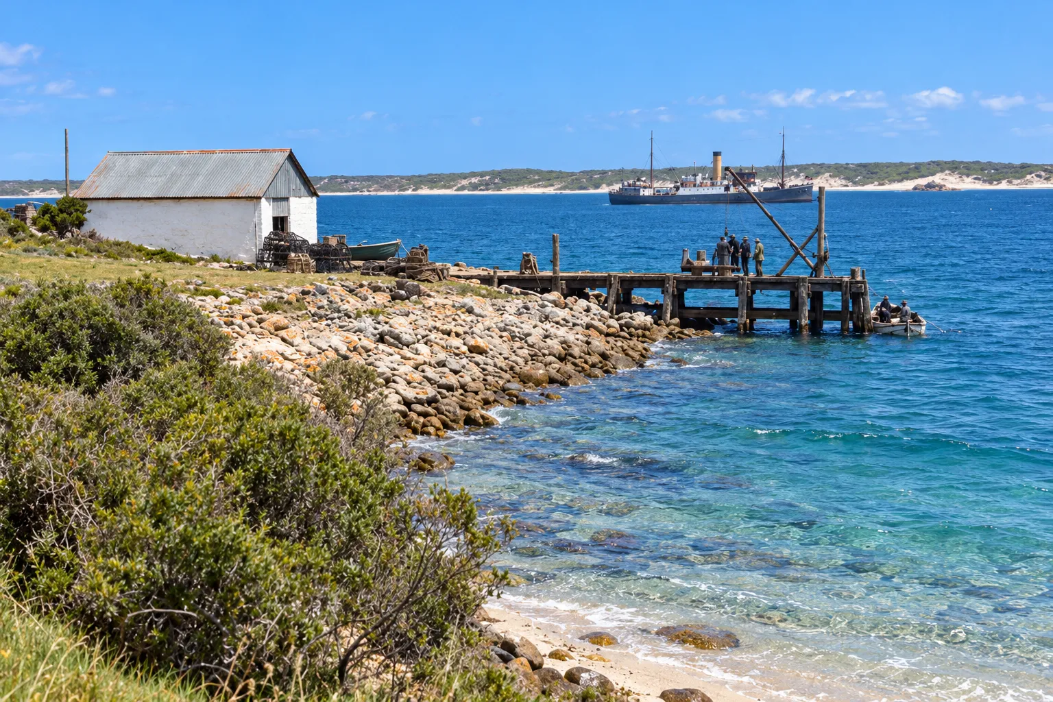 Colour illustration of a supply landing at Gabo Island: a steamship anchored offshore, men on a timber jetty with a crane unloading into a dinghy, and a white stone shed with cray pots on the rocky shore.