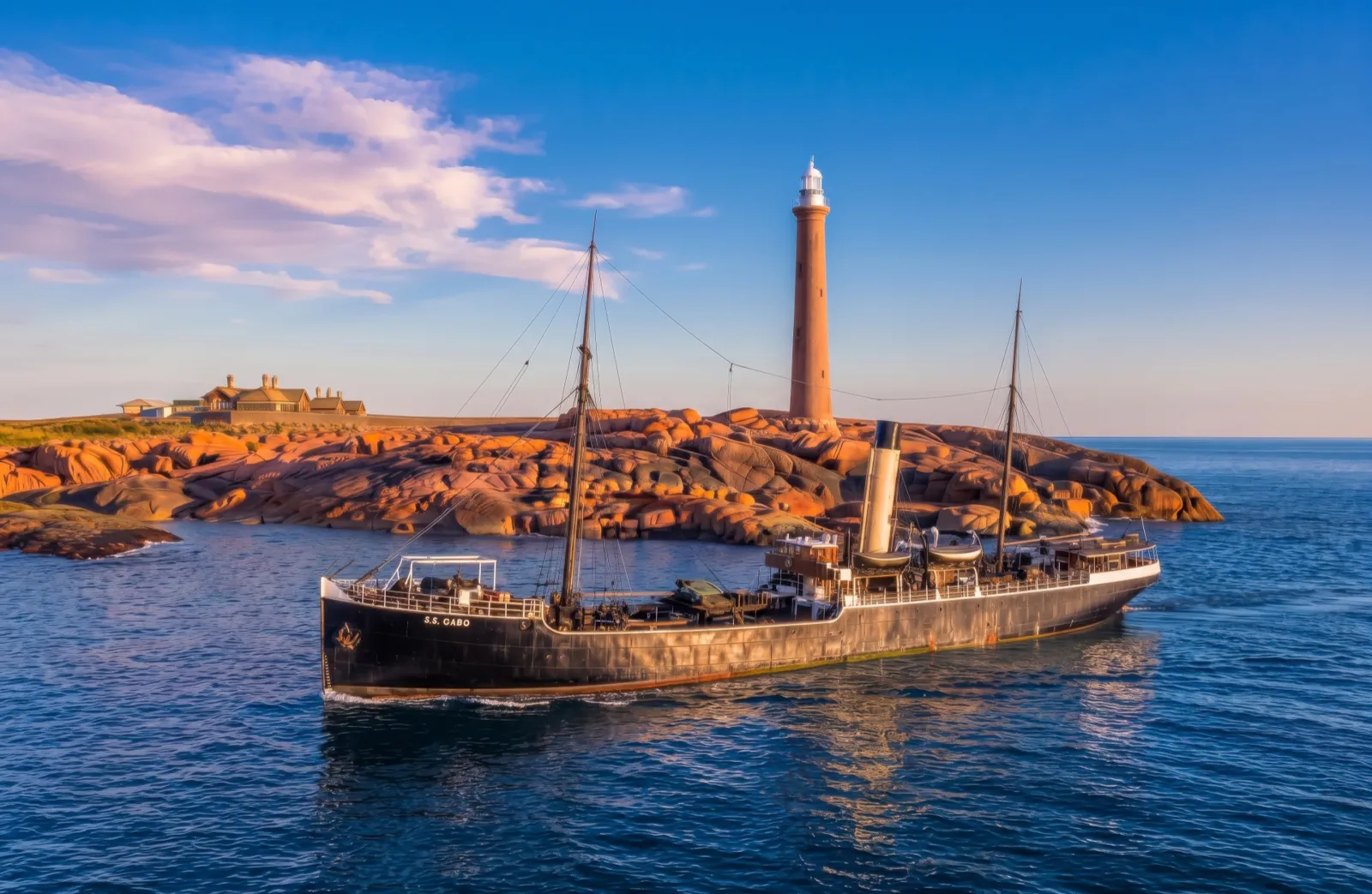 Illustration of a single-funnel steamship sailing past the Gabo Island lighthouse, with the keepers' cottages on the granite headland.