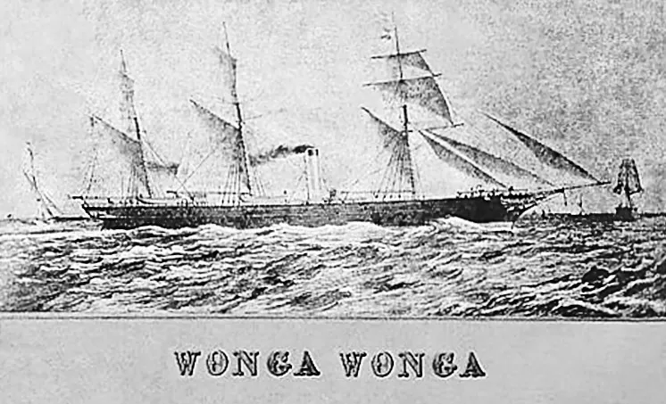 Black and white print of the three-masted steamer Wonga Wonga under sail and steam, with her name in decorative capitals below.